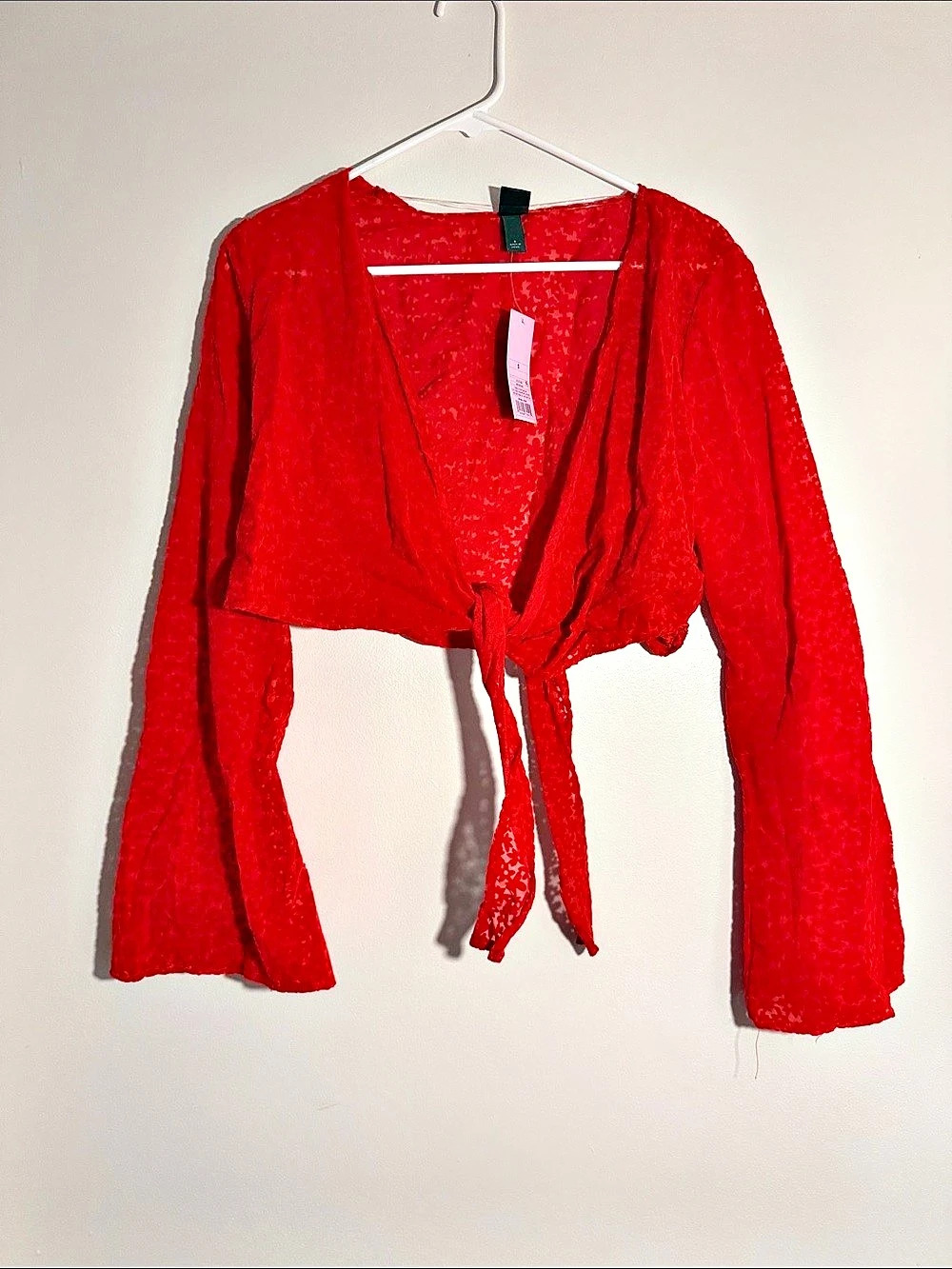 Wild Fable Floral Burnout Velvet Bell Sleeves Crop Top Red Small